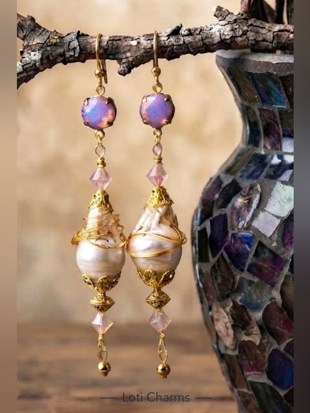 Fiery Pink Opal Glass In Long GoldPlated Earrings W/ Large Natural Baroque Pearl